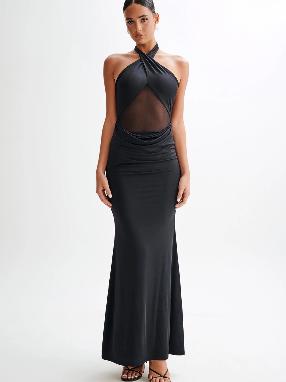 Meshki Black Twist Halter Mesh-Panel Maxi Dress